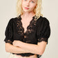 Lace Trim Puff Sleeve Button Blouse: BLACK