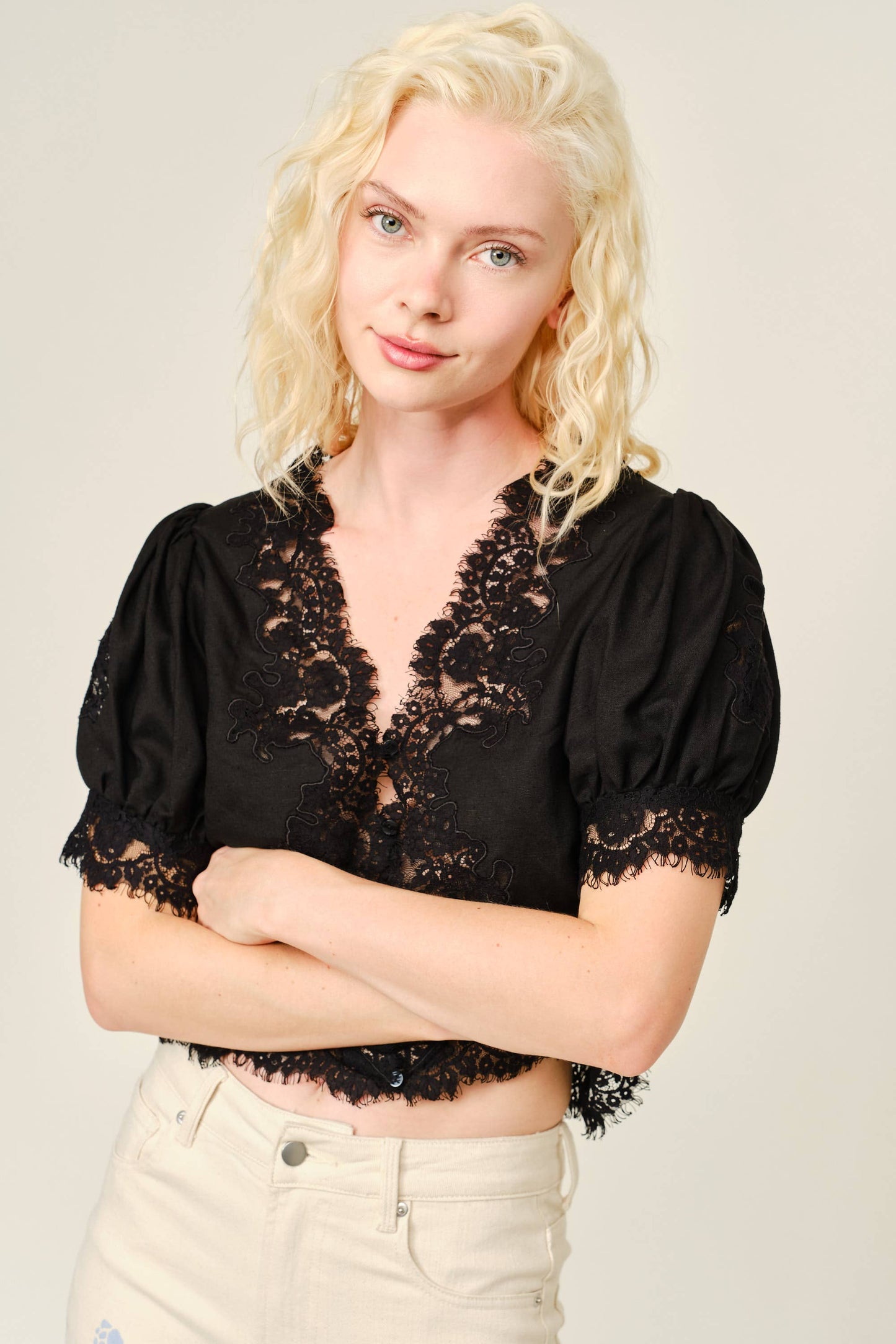 Lace Trim Puff Sleeve Button Blouse: BLACK