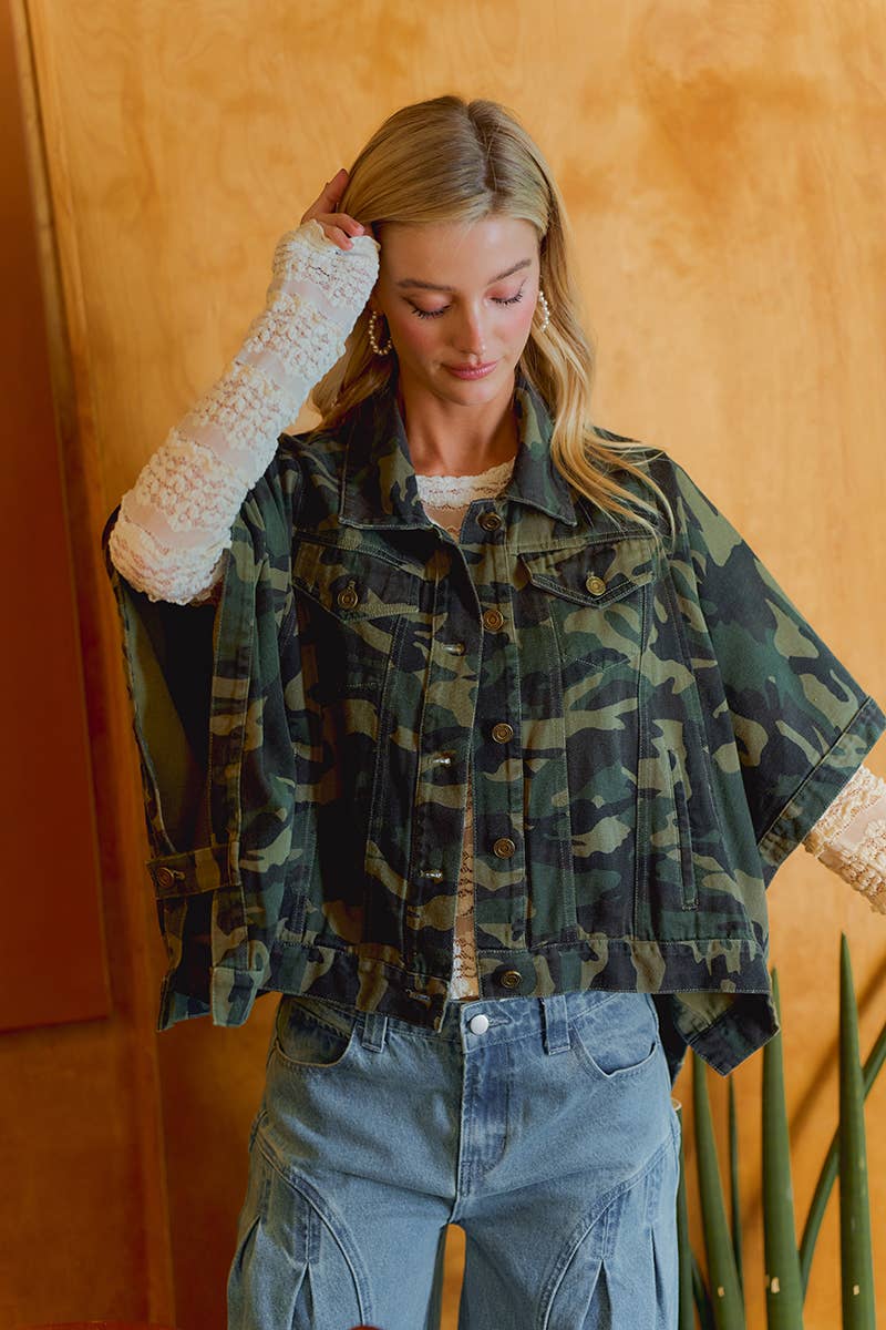 PREORDER WOMEN OVERSIZED CAPE SLEEVE DENIM TRUCKER JACKET: CAMOUFLAGE
