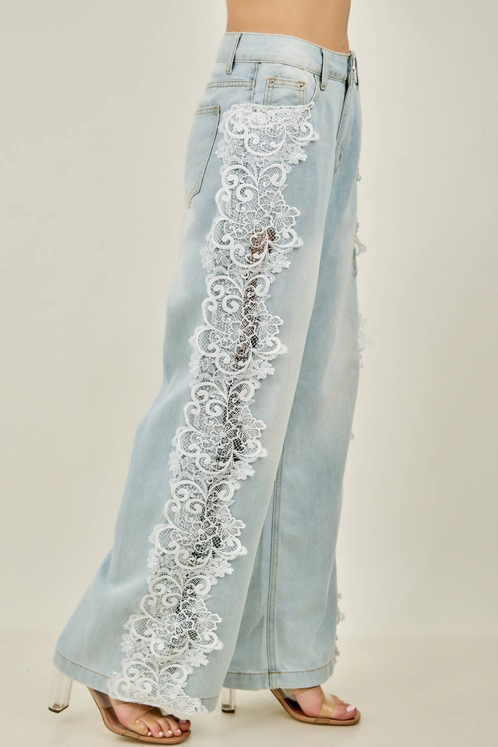 Preorder Floral Lace Side-Panel Wide-Leg Jeans | Denim/White