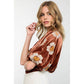 Embroidered Puff Sleeve Velvet Top: RUST