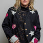 Notched Collar Star & Heart Applique Relaxed Blazer Jacket: Black / S