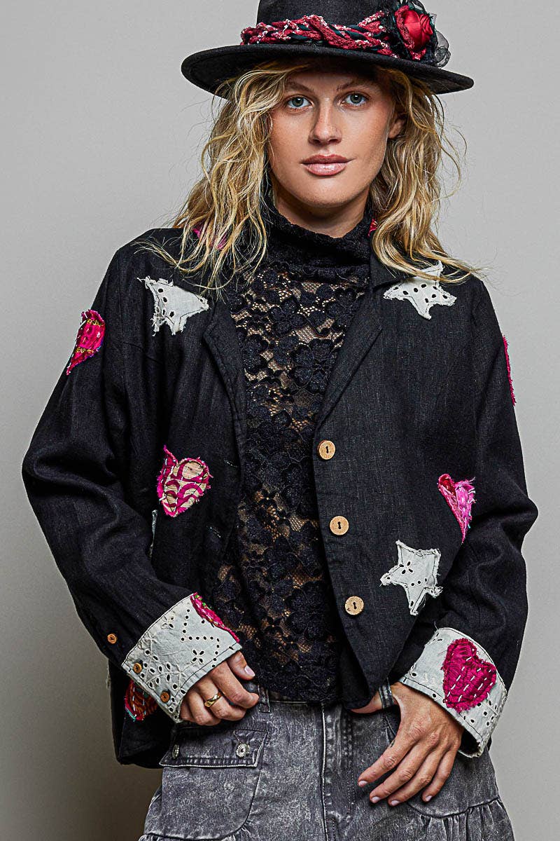 Notched Collar Star & Heart Applique Relaxed Blazer Jacket: Black / S