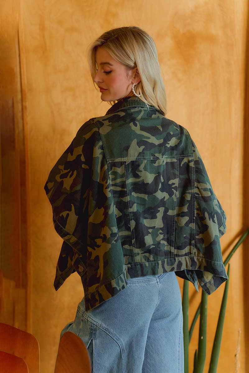 PREORDER WOMEN OVERSIZED CAPE SLEEVE DENIM TRUCKER JACKET: CAMOUFLAGE
