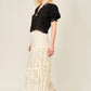 Lace Trim Puff Sleeve Button Blouse: BLACK