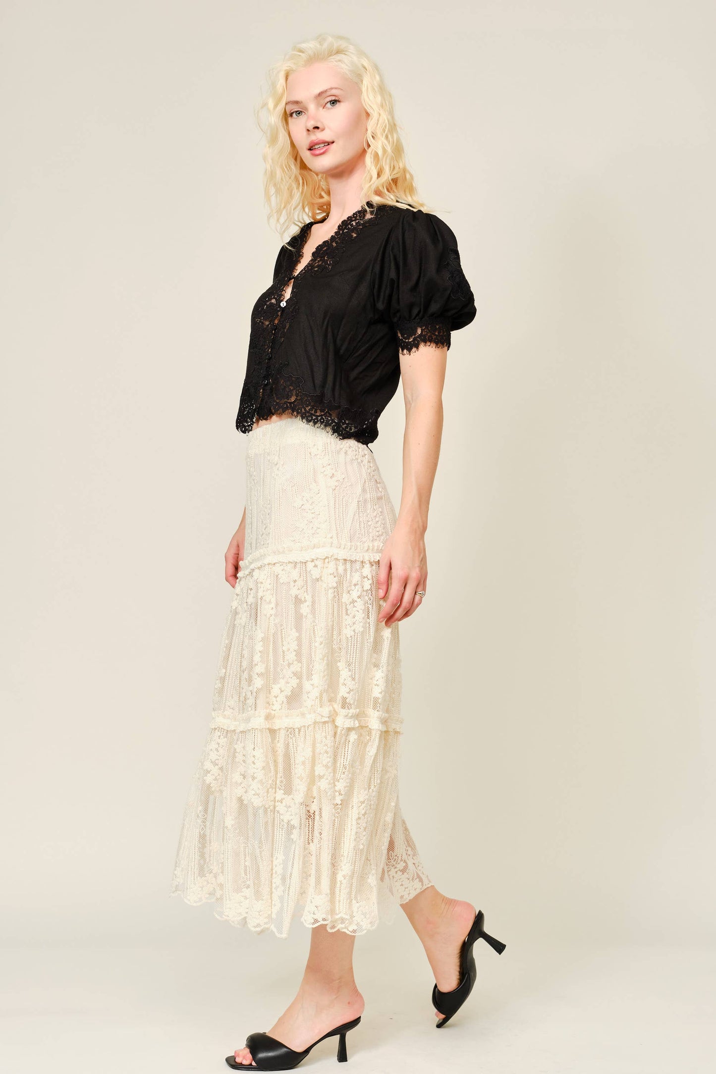 Lace Trim Puff Sleeve Button Blouse: BLACK
