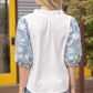 3-D Floral Contrast Sleeve Texture Top
