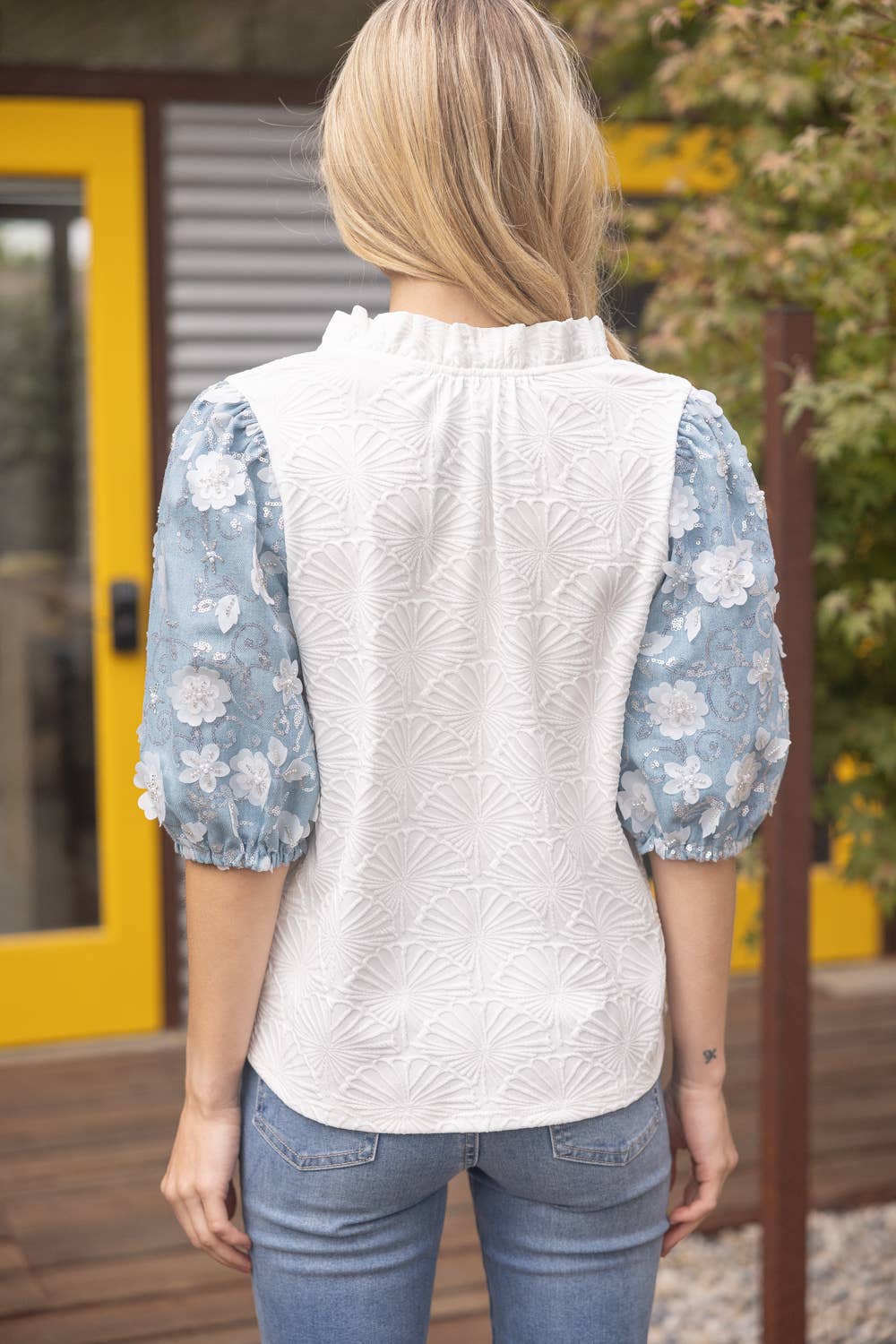 3-D Floral Contrast Sleeve Texture Top