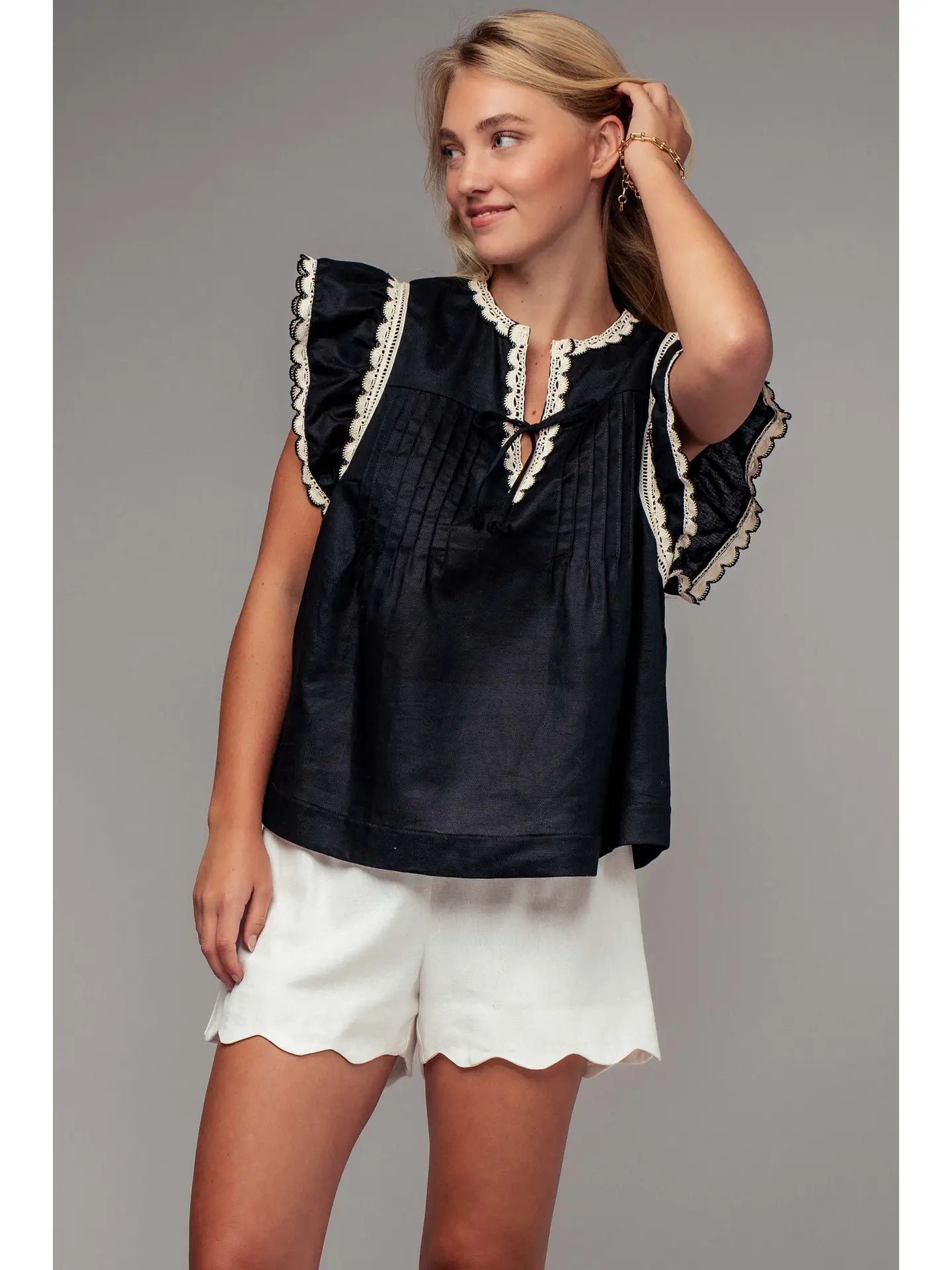Lace Trim Pintuck Flutter Sleeve Blouse