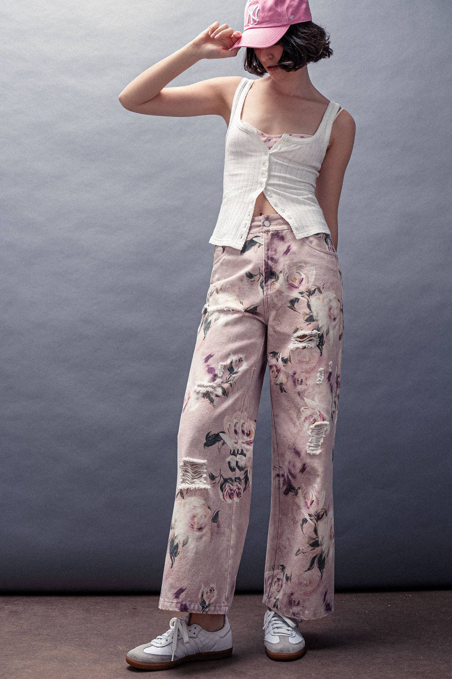 Rose Print High-Rise Denim Pants