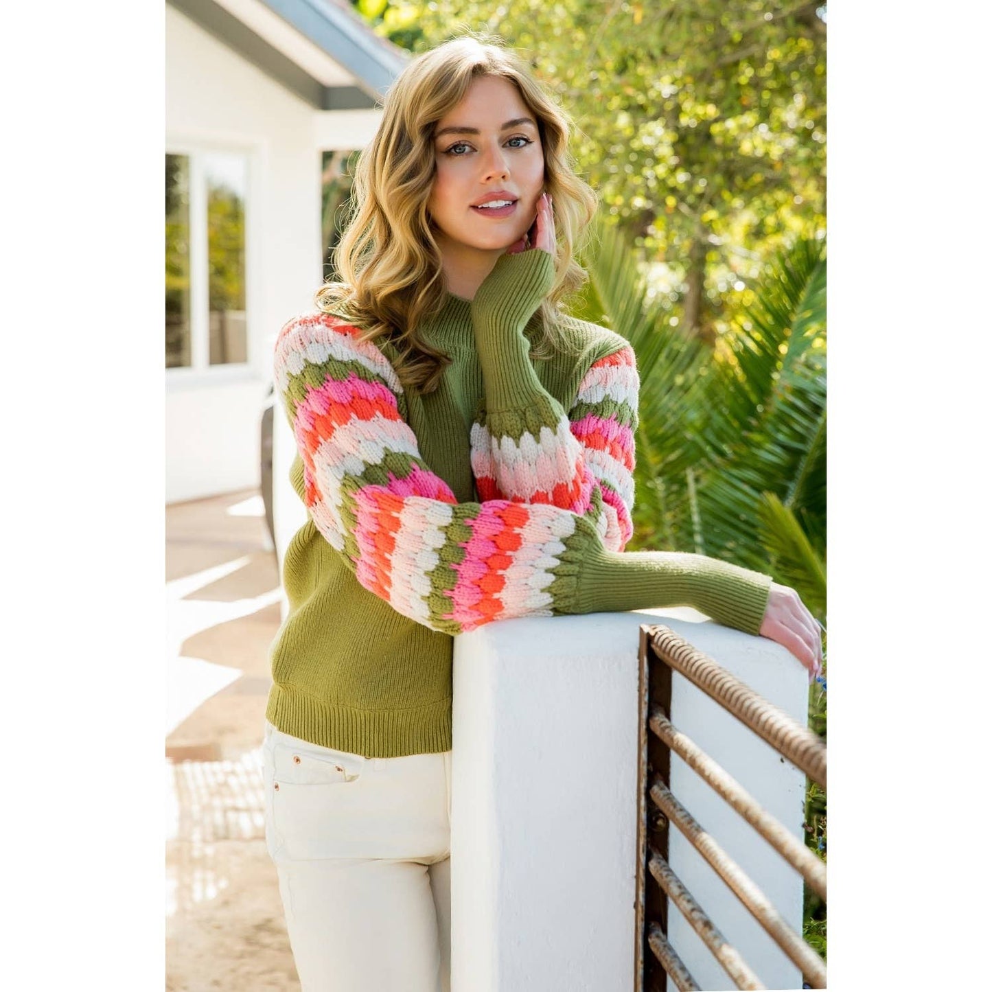 Knitted Bishop Sleeve Sweater: OLIVE