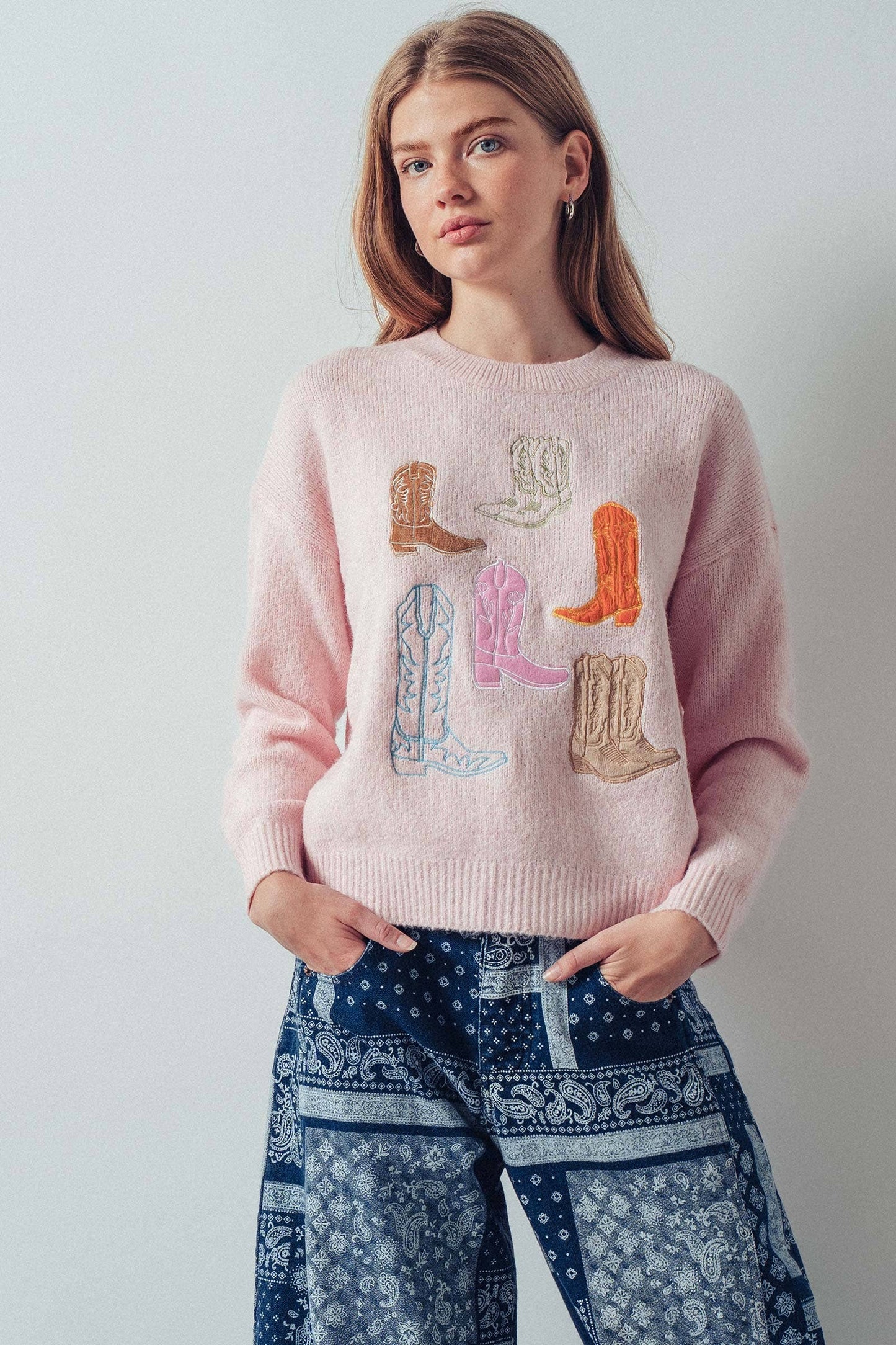 Western Embroidered Cowboy Boot Sweater