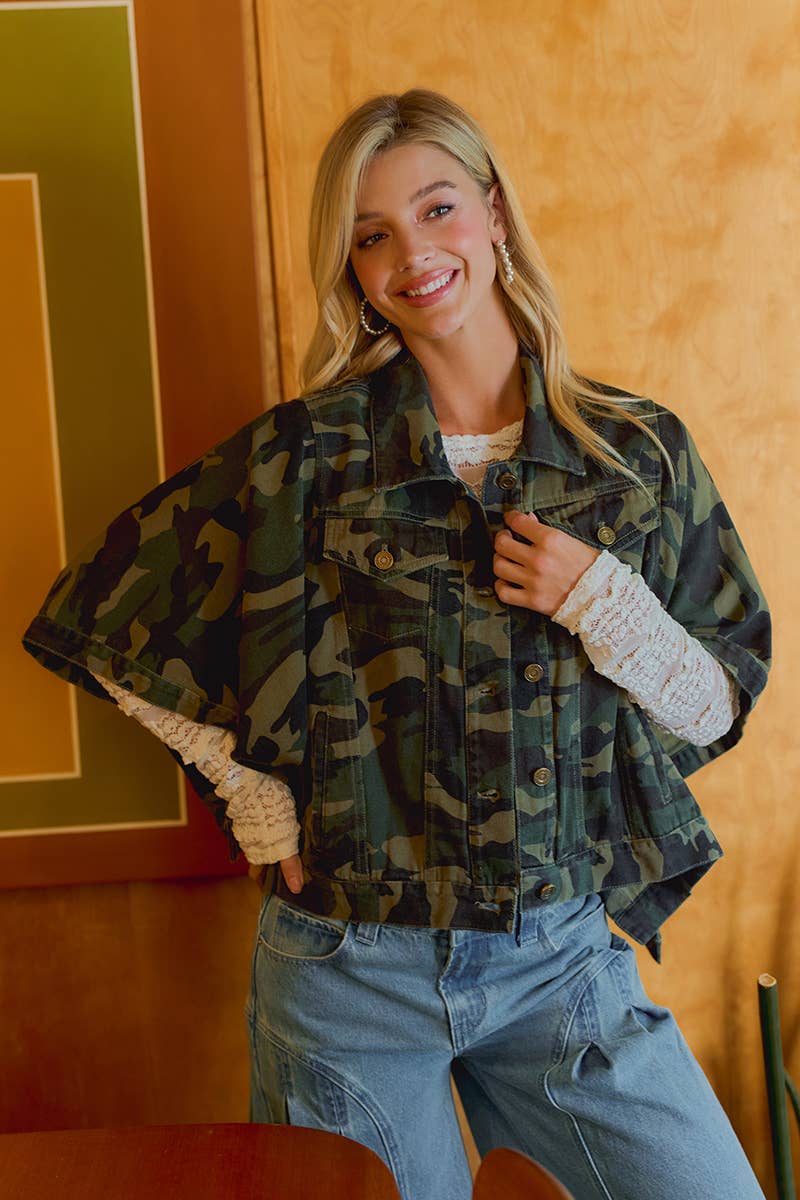 PREORDER WOMEN OVERSIZED CAPE SLEEVE DENIM TRUCKER JACKET: CAMOUFLAGE