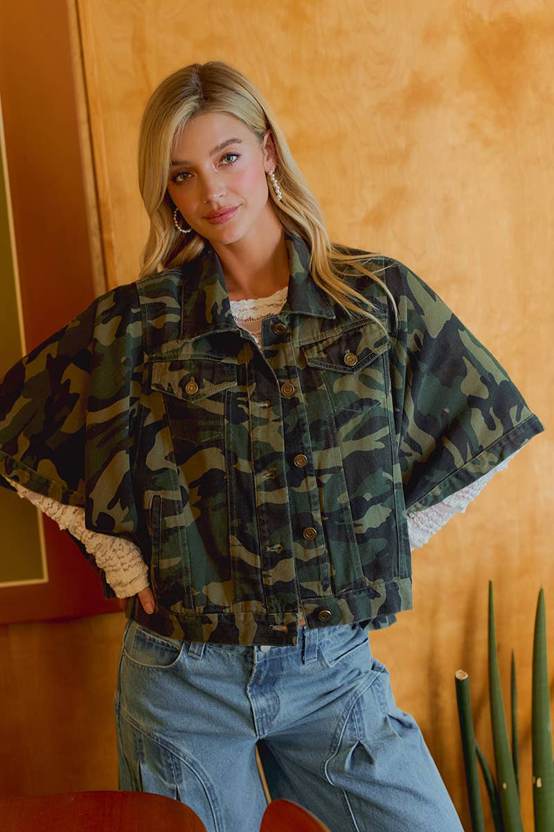 PREORDER WOMEN OVERSIZED CAPE SLEEVE DENIM TRUCKER JACKET: CAMOUFLAGE