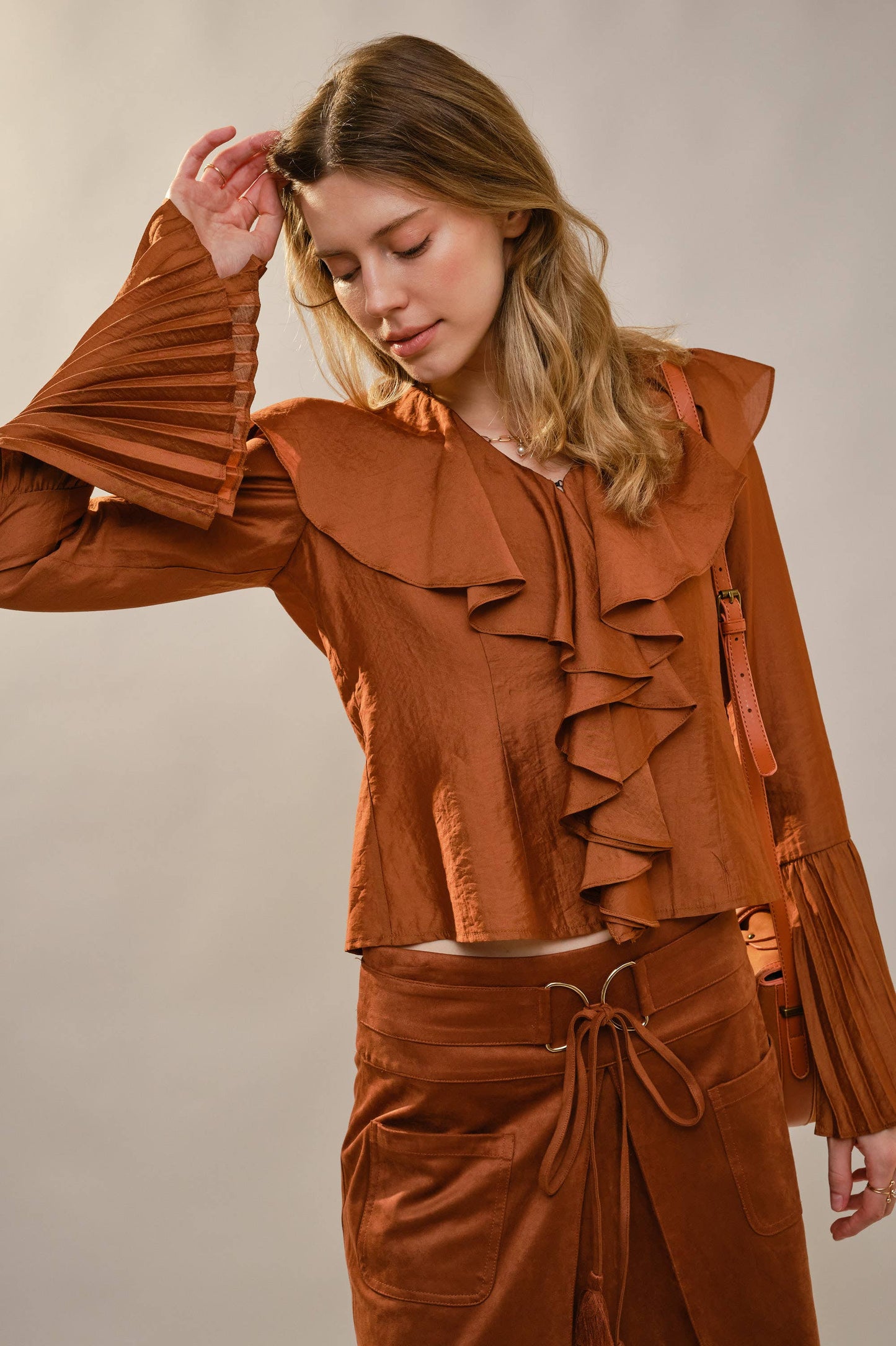 Khaki Pleated Ruffle Detail Blouse