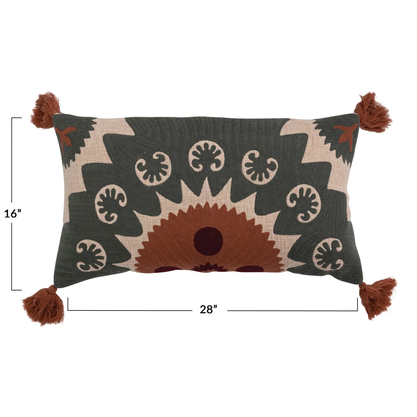 Cotton Lumbar Pillow Suzani Embroidery & Tassels