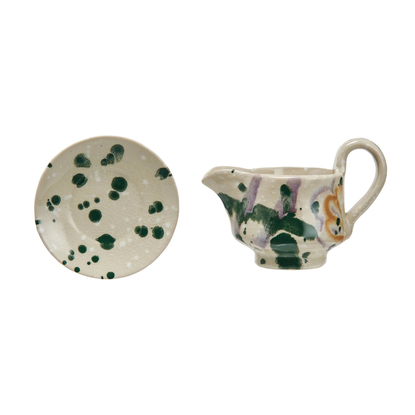 6 oz. Hand-Painted Creamer w/ Saucer, Set of 2 (Each One Will Vary)