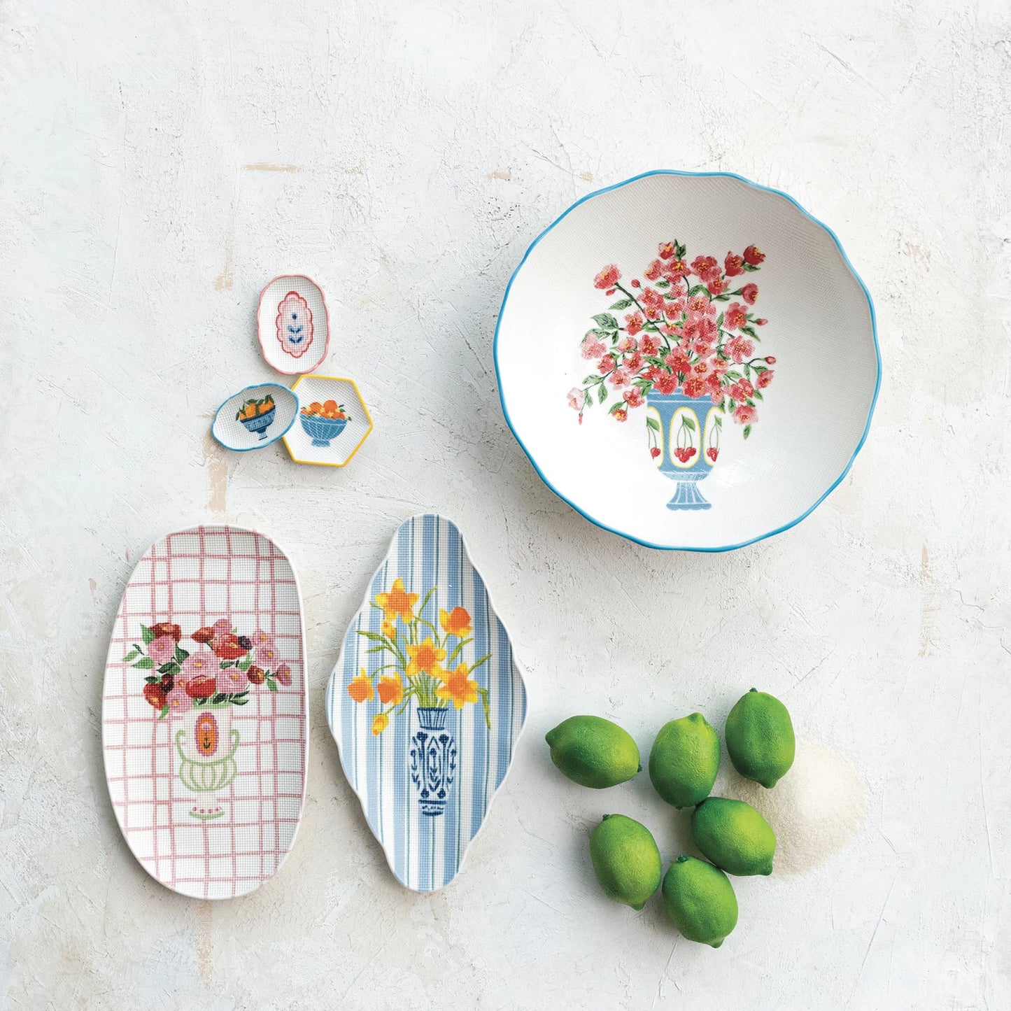 Textured Stoneware Plate w/ Flowers in Vase, 2 Styles ©