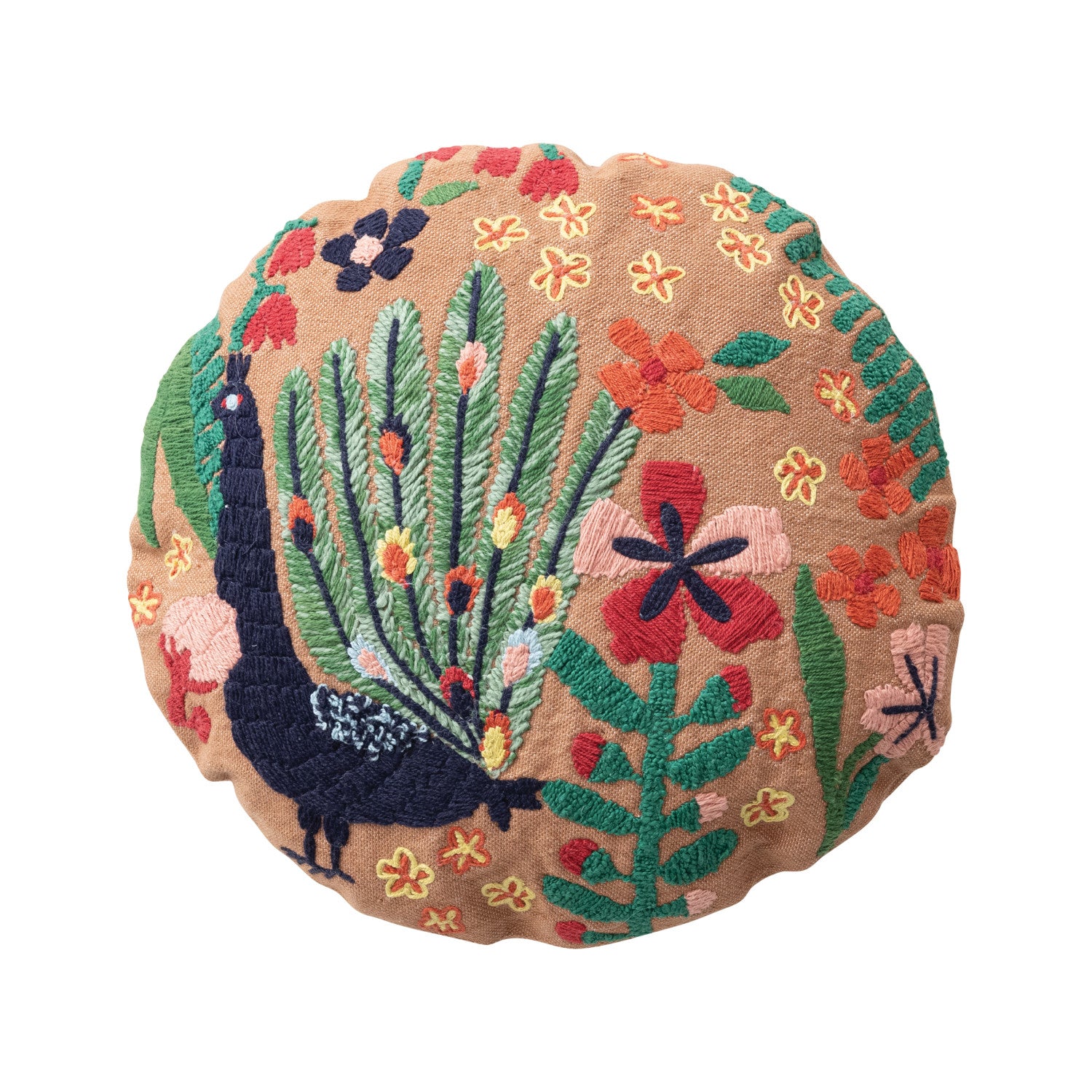 Fabric Indoor/Outdoor Pillow with Embroidered Peacock & Flowers