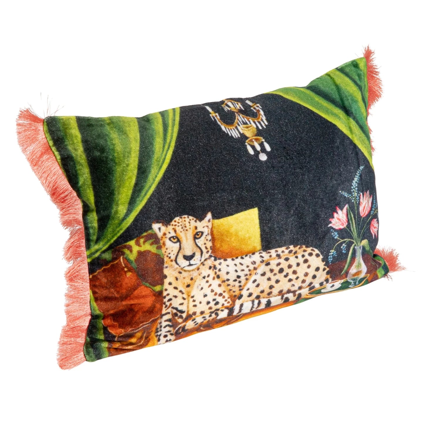 Cotton Blend Velvet Printed Lumbar Pillow with Eyelash Fringe