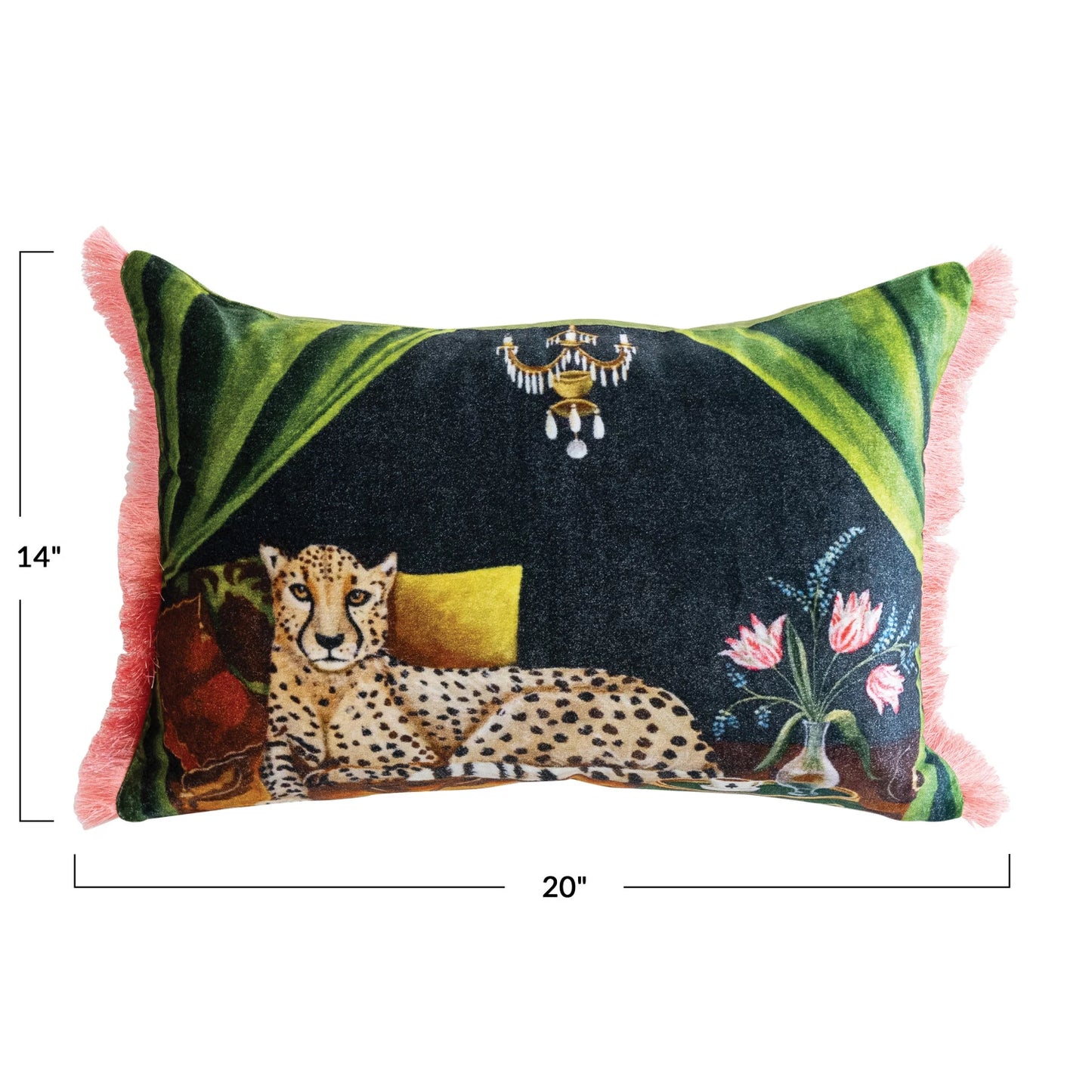 Cotton Blend Velvet Printed Lumbar Pillow with Eyelash Fringe