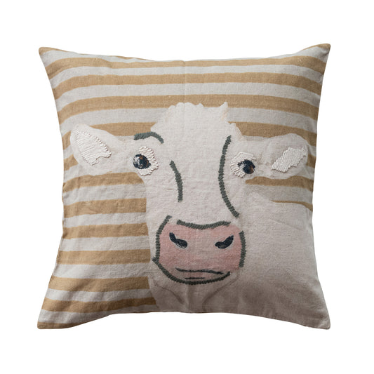 20" Square Cotton & Linen Pillow with Cow Image & Embroidery ©