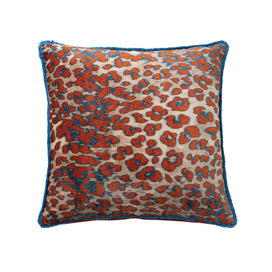 20" Square Cotton Velvet Pillow with Leopard Print Pattern & Tufted Fringe