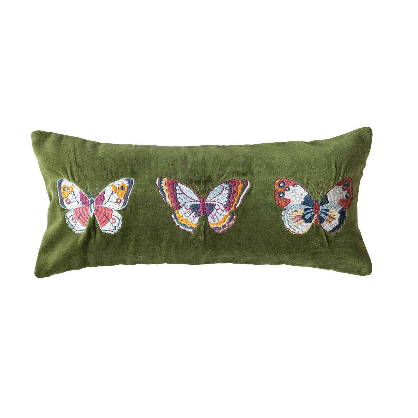 Cotton Velvet Lumbar Pillow with Embroidered Butterflies & Chambray Back