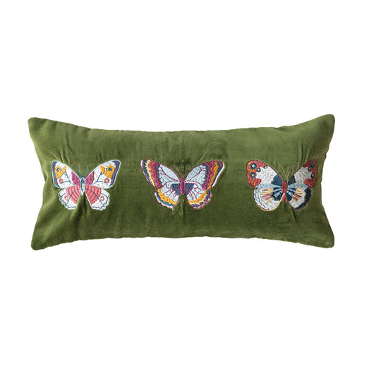 Cotton Velvet Lumbar Pillow with Embroidered Butterflies & Chambray Back