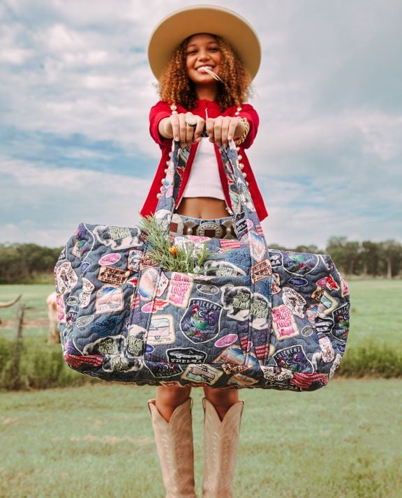 Denim patches duffle bag