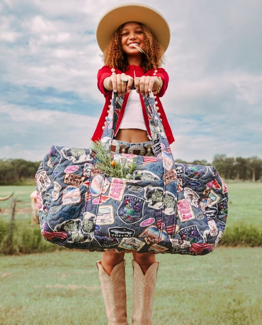 Denim patches duffle bag