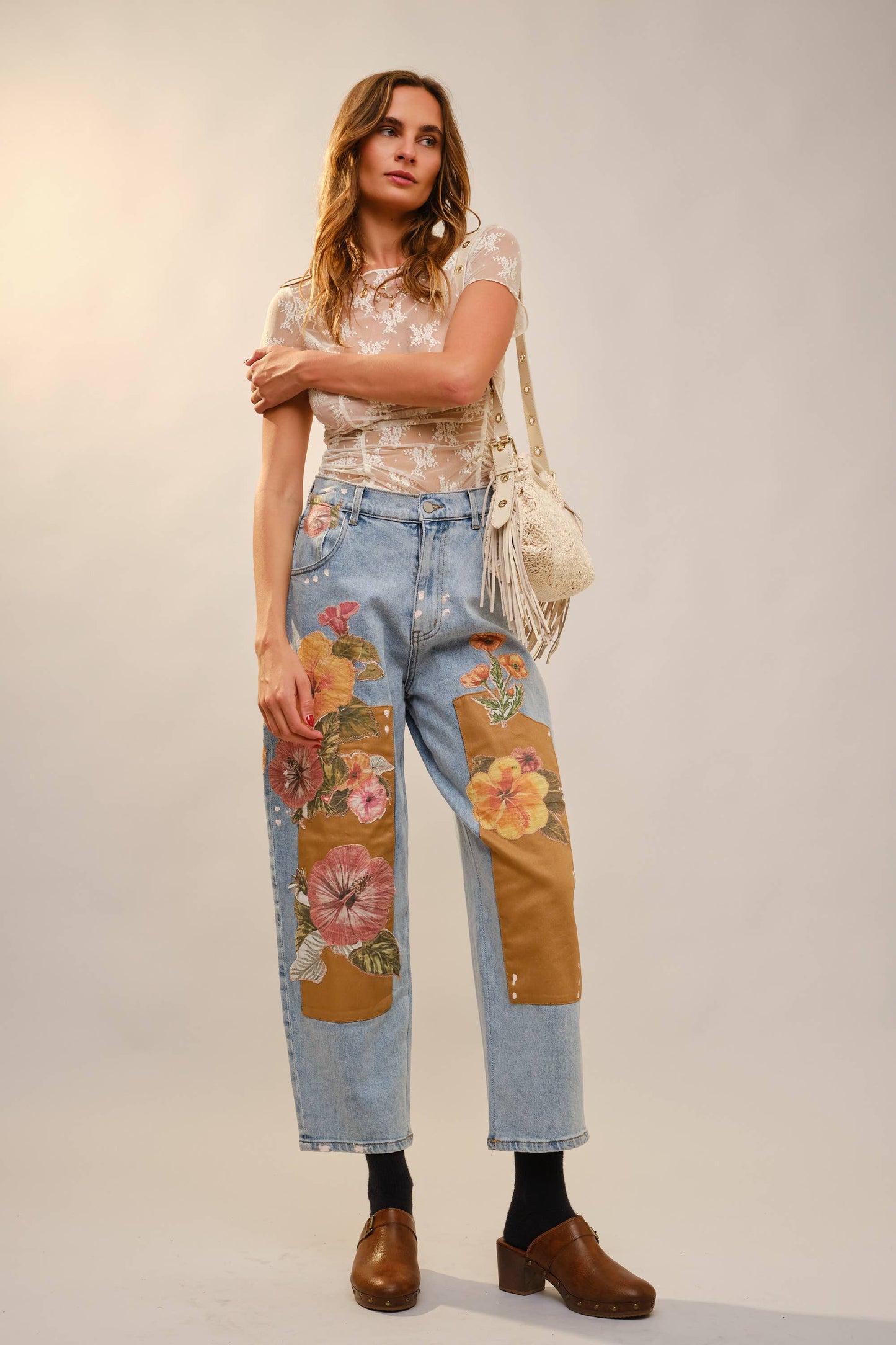 Flower Patch Barrel Leg Jean: LIGHT WASH