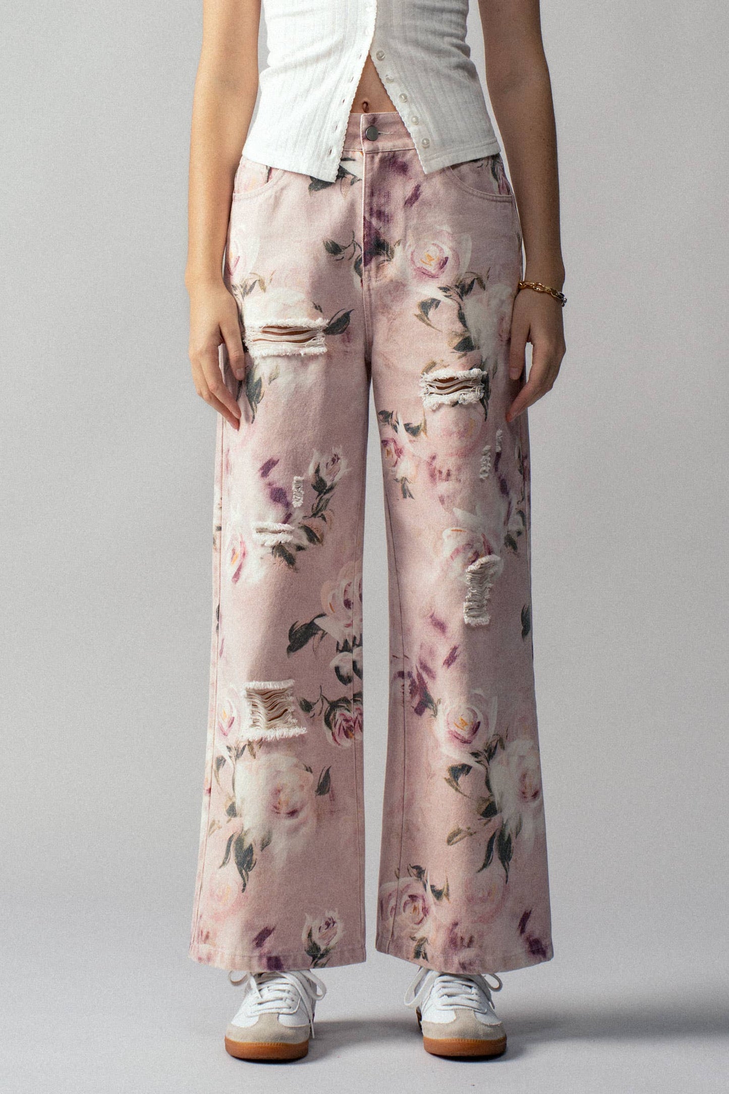 Rose Print High-Rise Denim Pants