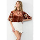 Embroidered Puff Sleeve Velvet Top: RUST
