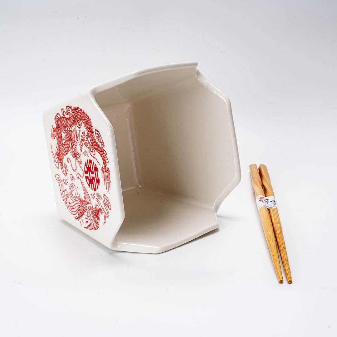 Phoenix Takeout Box Ceramic Serving Bowl with Chopsticks (16 oz)