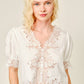 Lace Trim Puff Sleeve Button Blouse: BLACK