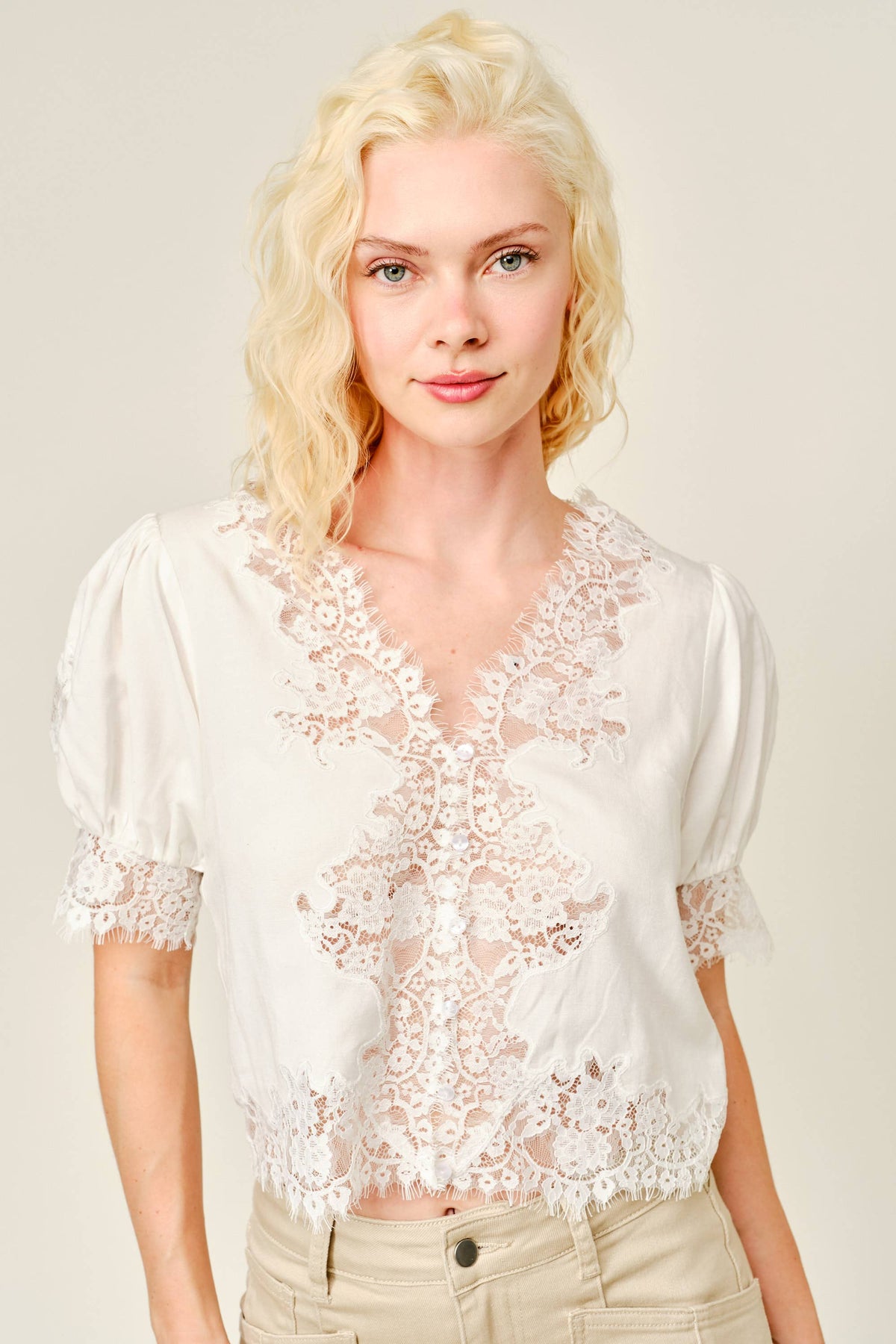 Lace Trim Puff Sleeve Button Blouse: BLACK