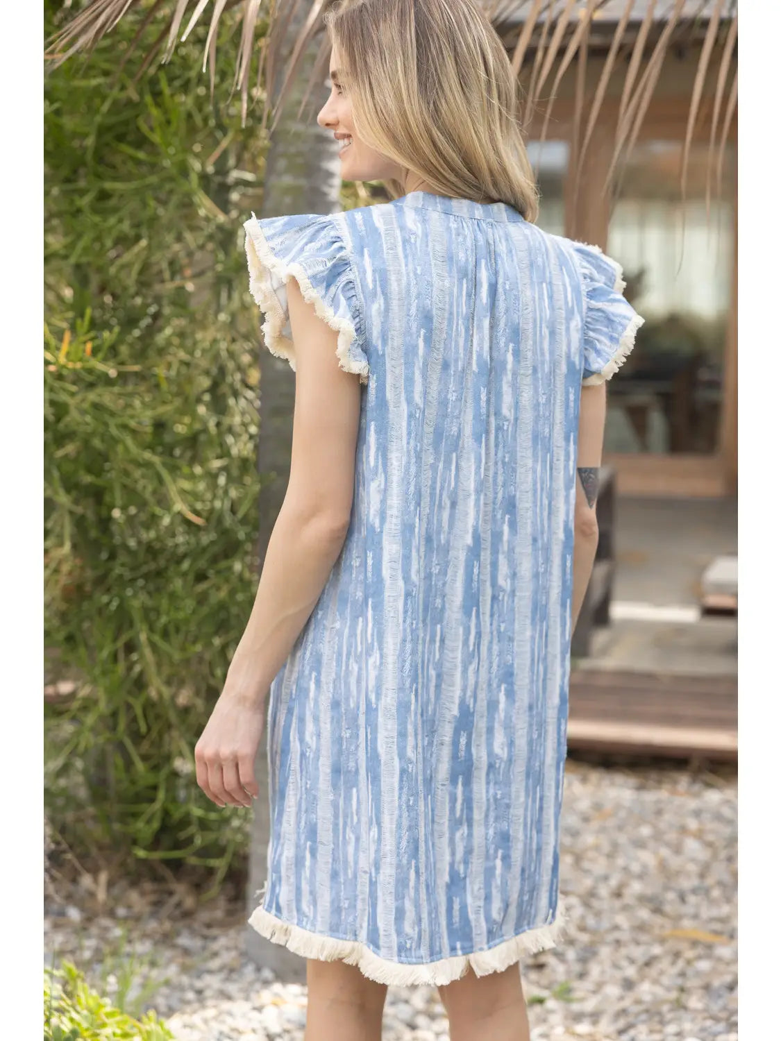 Blue Textured Ruffle Sleeve Dress