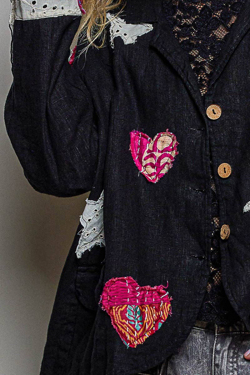 Notched Collar Star & Heart Applique Relaxed Blazer Jacket: Black / S
