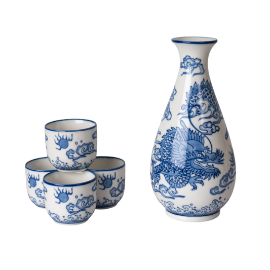 Ryu Dragon Porcelain Glazed 10 oz Sake Bottle and 4 Cups