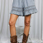 Ladder Trim Ruffle Chambray Denim Shorts Washed Denim