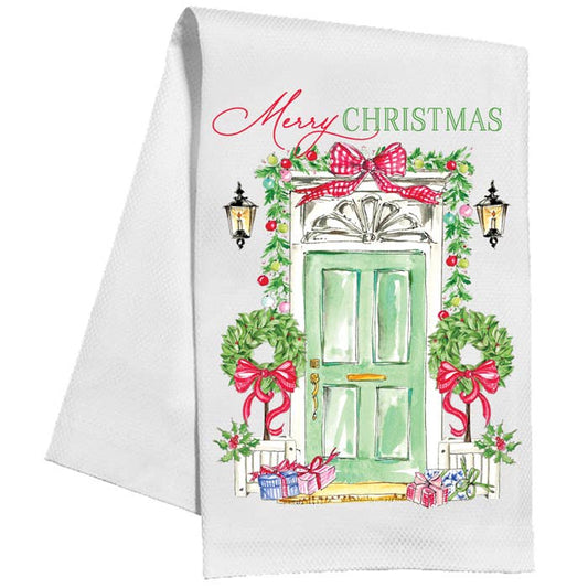 Merry Christmas Front Door Holly Topiary Kitchen Towel