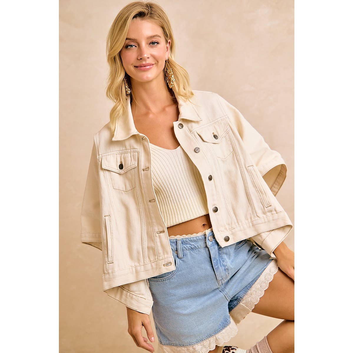 Preorder IVORY OVERSIZED CAPE SLEEVE CROPPED DENIM JACKET: IVORY