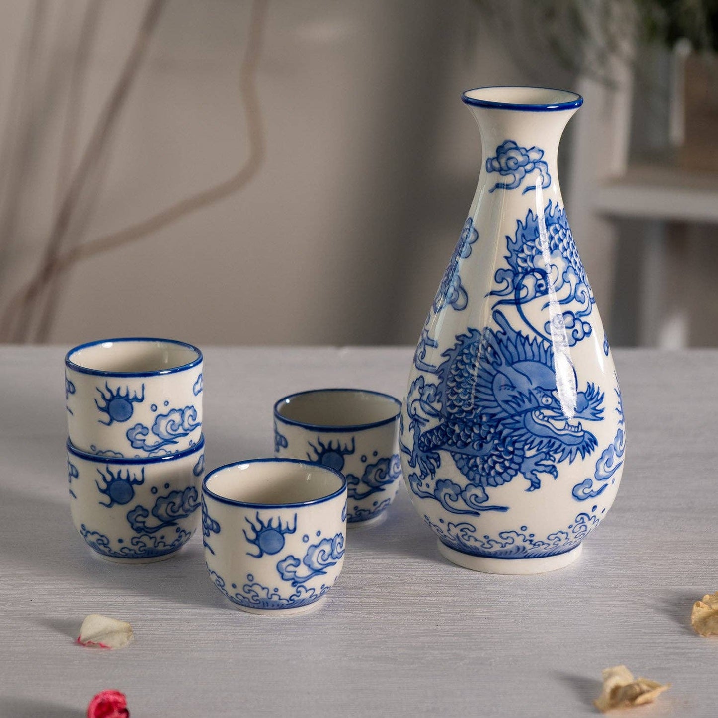 Ryu Dragon Porcelain Glazed 10 oz Sake Bottle and 4 Cups