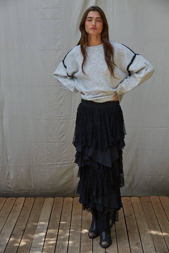 | Knit Sweater Stitch Detailed Crew Neck Pullover : Light Heather Grey