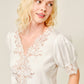 Lace Trim Puff Sleeve Button Blouse: BLACK