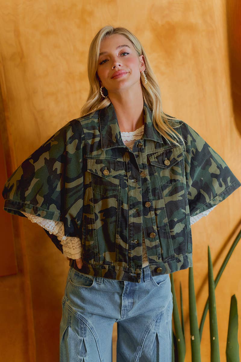 PREORDER WOMEN OVERSIZED CAPE SLEEVE DENIM TRUCKER JACKET: CAMOUFLAGE