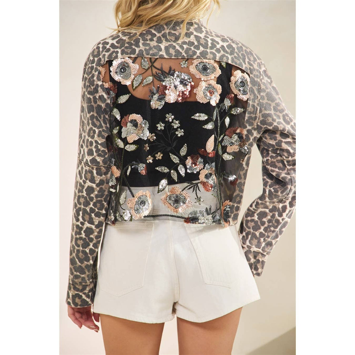 Leopard Denim Jacket with Floral Sequin Back Contrast