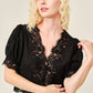 Lace Trim Puff Sleeve Button Blouse: BLACK