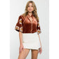 Embroidered Puff Sleeve Velvet Top: RUST